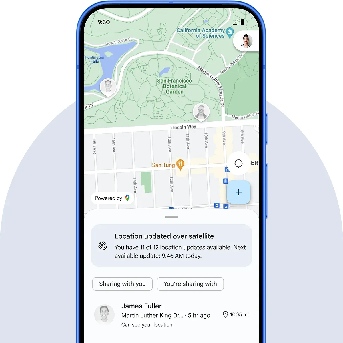A phone screen shows grayed out icons of people’s location on a map. A notification indicating locations were updated through a satellite is on the bottom of the screen. 