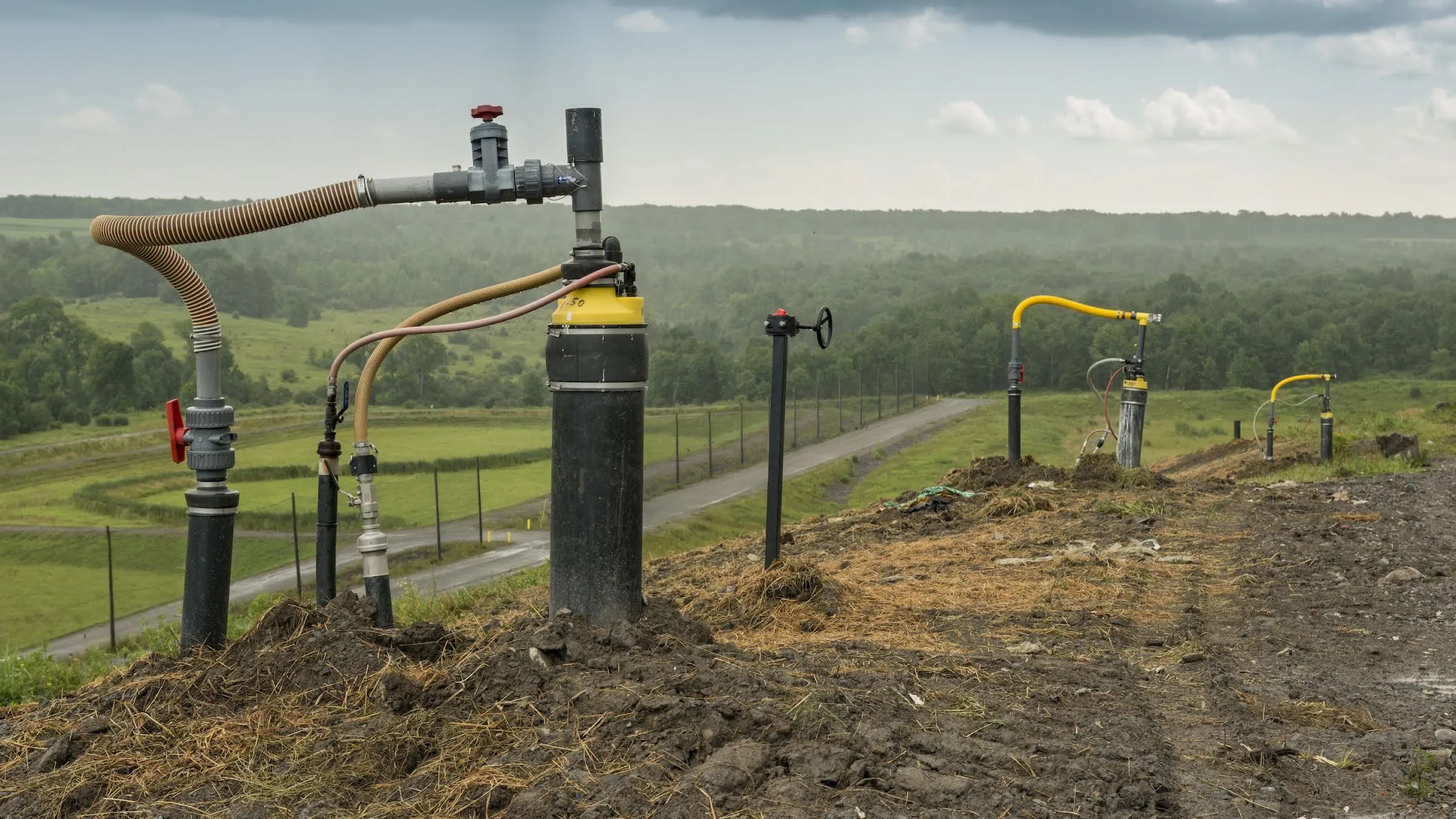 Pumps out in a field with a wide green valley in the background.