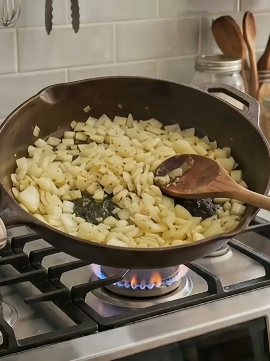 A person in a holding a cast iron pan caramelizing onions with a wooden spoon. A prompt asks if the onions are caramelized and Gemini responds with ‘another 2 minutes’.