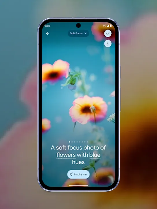 En un teléfono, se ven flores sobre un fondo azul para mostrar cómo funciona la opción de fondos de pantalla generados por IA.