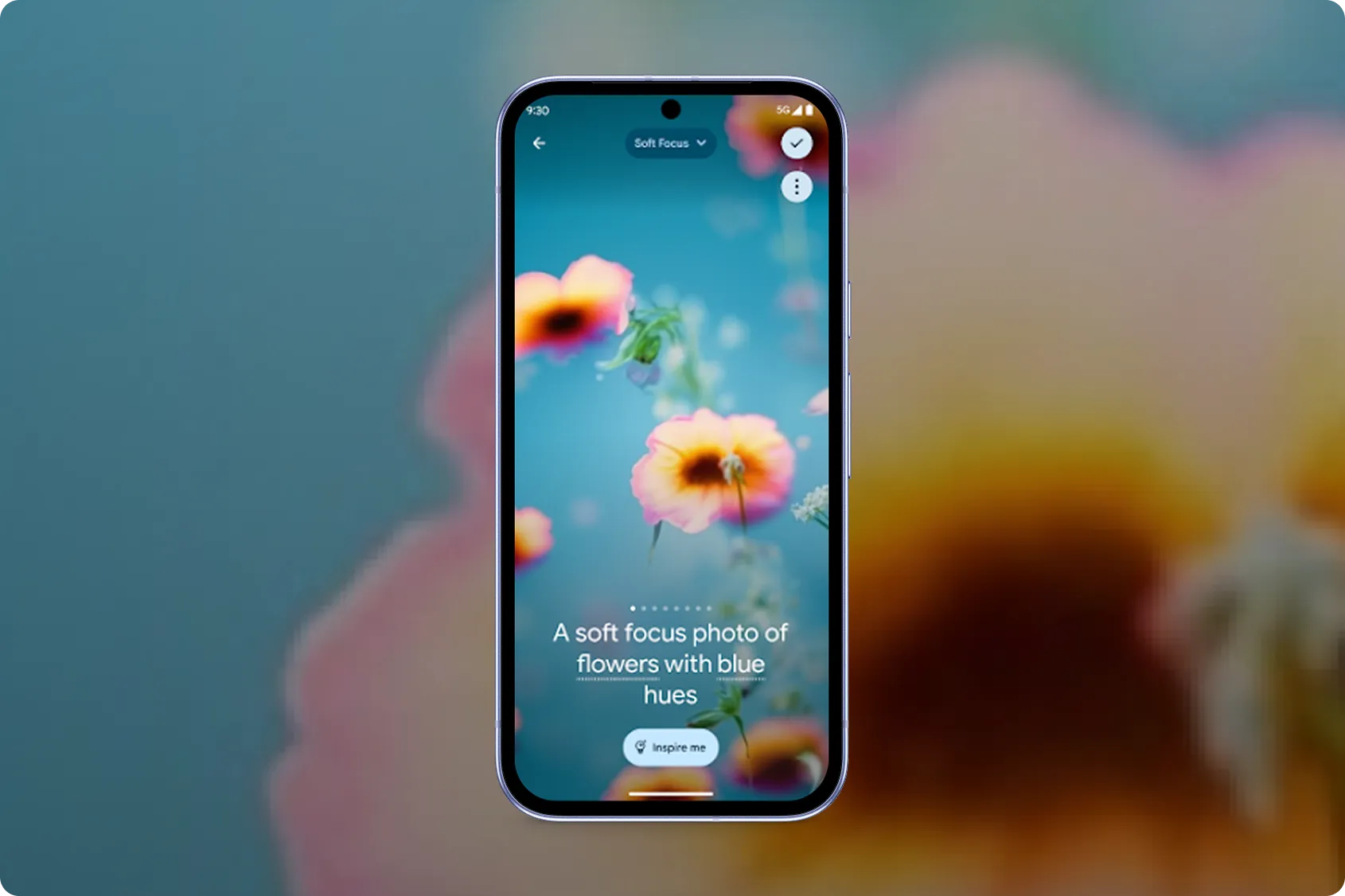 A phone showing flowers on a blue background is used as an example to show how the AI-generated wallpaper feature works.