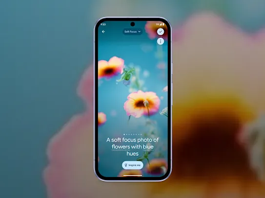 A phone showing flowers on a blue background is used as an example to show how the AI-generated wallpaper feature works.