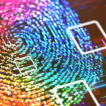 A vibrant, digitally rendered fingerprint composed of colorful pixels, with glowing white square outlines on top, suggesting data or security.