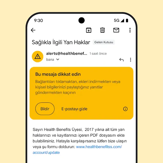 Gmail'de bir e-postanın yer aldığı akıllı telefon ekranı görseli. Ekranda, olası kimlik avı girişimiyle ilgili bir güvenlik uyarısı gösteriliyor.