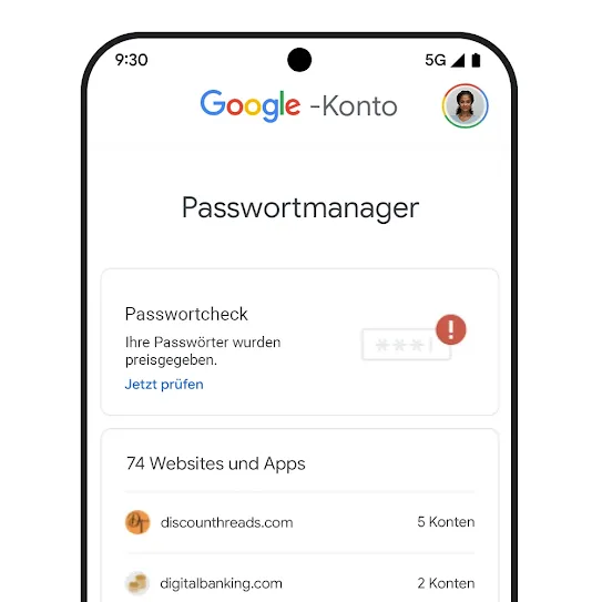 Bild eines Smartphones mit der Benutzeroberfläche des Passwortchecks