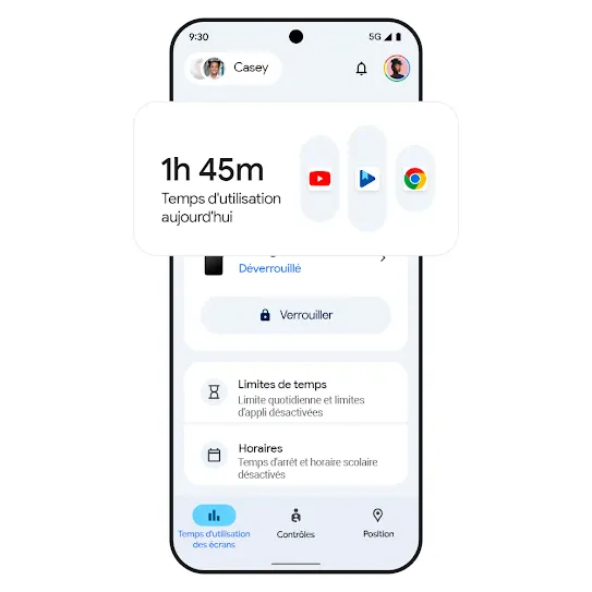 Image d'un téléphone affichant les résultats du temps d'utilisation des écrans. 