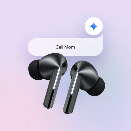 Google Gemini icon right above a chat bubble. A pair of Galaxy Buds are right underneath the chat bubble.