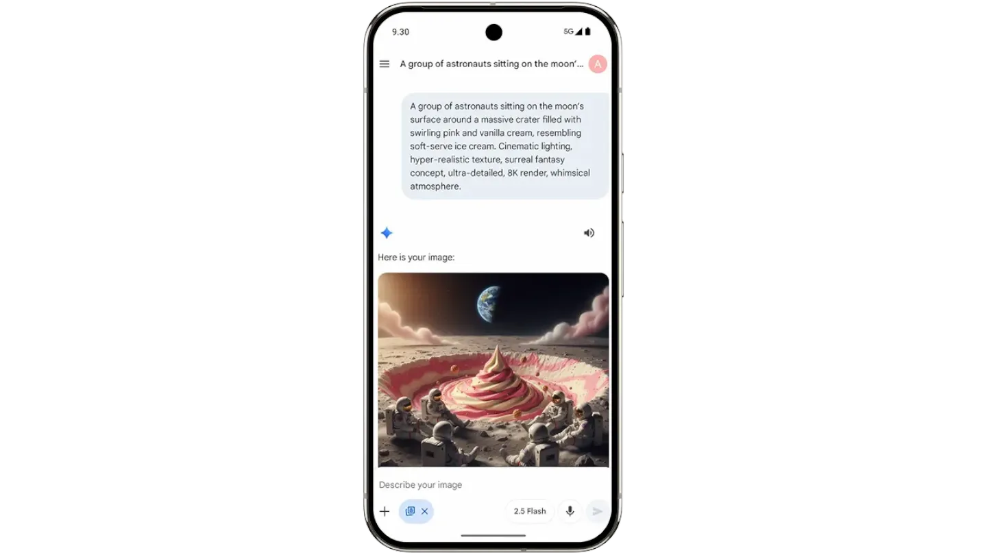 Phone screen showing the interface for the AI-generated image, featuring both the prompt and the output.