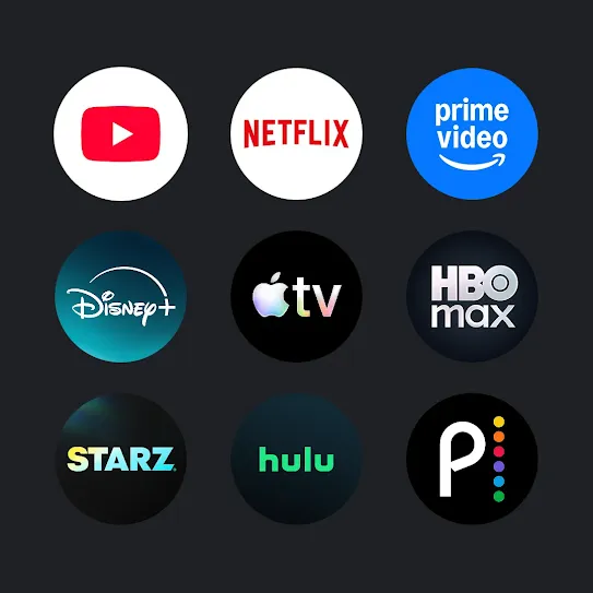 Grid of streaming service logos: HBO Max, Starz, Netflix, Apple TV, Disney Plus, YouTube, Amazon Prime Video, Hulu, and Peacock.