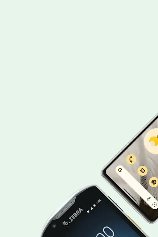 A diagonal arrangement of three Android devices—a Google Pixel smartphone, a Lenovo tablet, and a rugged Zebra mobile computer.