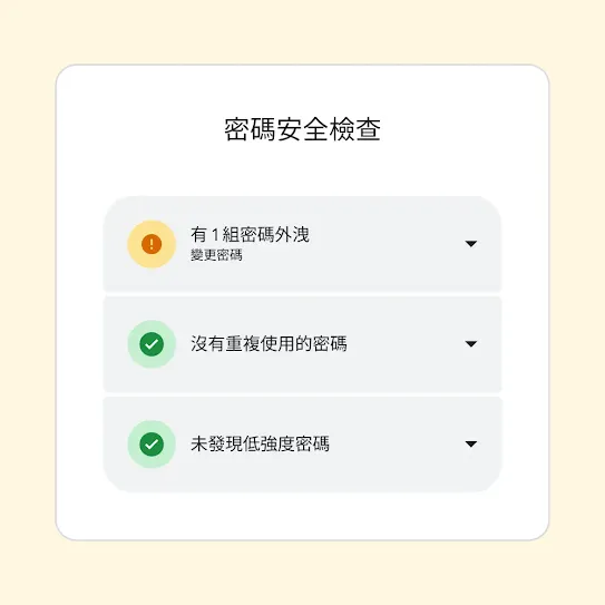 密碼安全檢查介面顯示「1 組密碼外洩」等結果，並建議更改密碼。