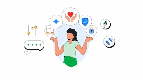 An illustration depicting a person managing or balancing multiple aspects of personal well-being and digital life, including health, security, education, and privacy.