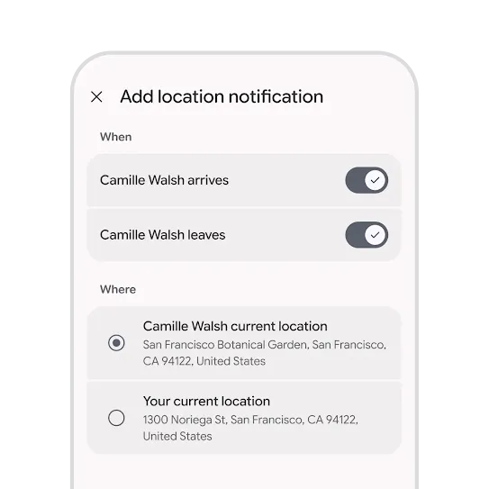 Setting a location alert for a contact in Find Hub on an Android phone, which triggers a notification to the person whose location is being shared.