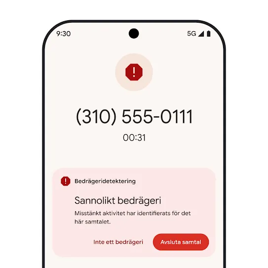 Bild på startskärmen på en Pixel-smartphone som visar en avisering om ett automatiskt avvisat spamsamtal.
