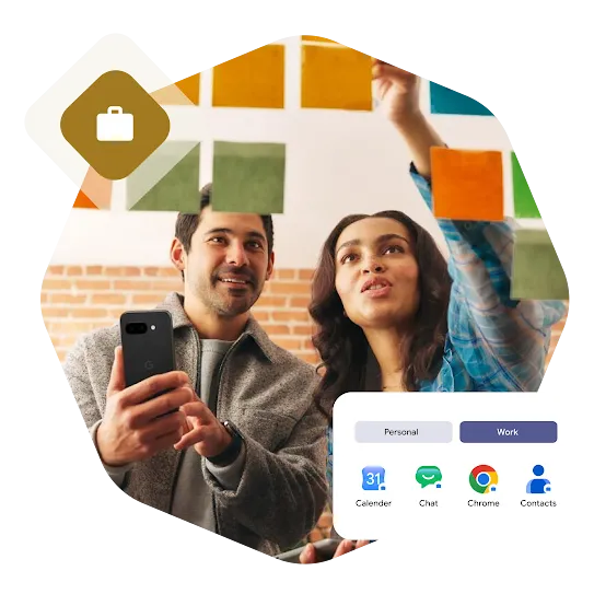 Two people are looking at Post-it notes. One person is holding a phone while the other is pointing to the notes. A notification bar with various Google apps and a bag icon are placed around the image.