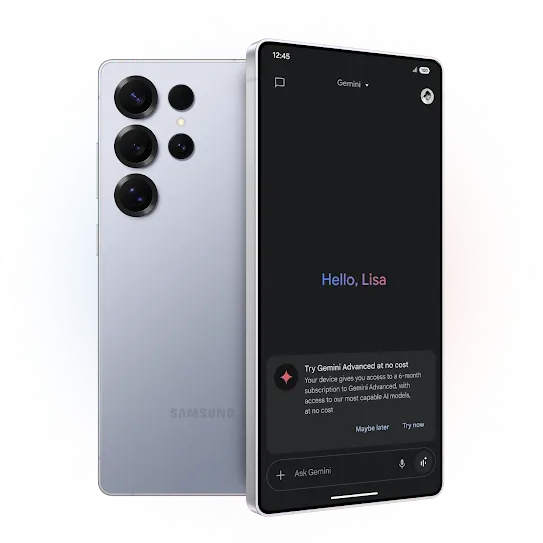 The back of a gray Samsung phone is behind another Samsung phone with its screen showing Gemini Advanced.