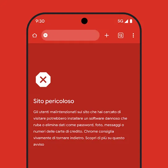 Immagine dello schermo di uno smartphone che utilizza il browser Chrome e mostra un avviso relativo a un sito pericoloso, inclusi i passaggi successivi consigliati e un link per saperne di più su questo avviso. 