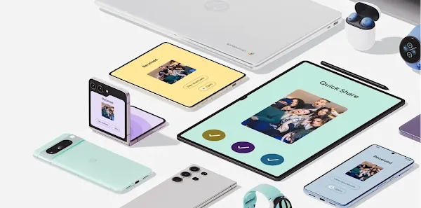 Multiple Android devices, including a flip phone, smartwatch, TV, phone, and tablet.