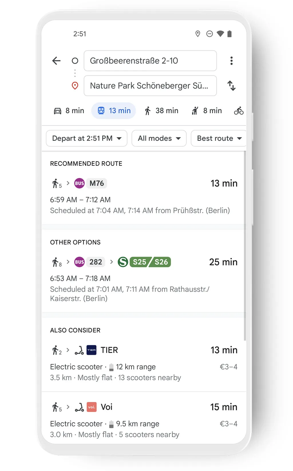 Interface utilisateur des options de transport en commun dans Google Maps