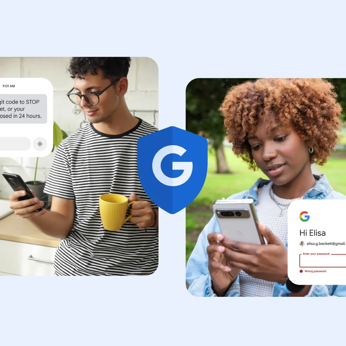 Man viewing phishing text, woman viewing wrong password screen, centered blue Google shield.