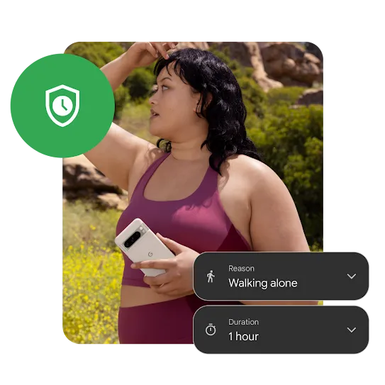 An Android user in workout clothes holds their Pixel phone on a break from exercising. A shield with a clock icon along with buttons for &quot;Reason Walking alone&quot; and &quot;Duration 1 hour&quot; to show the kind of activity the user was participating in.