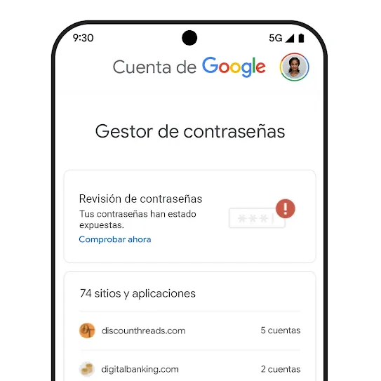 Imagen de un teléfono con la interfaz de usuario de Revisión de Contraseñas.
