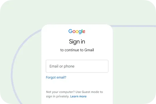 A Google Sign-in window for Gmail. It includes a text field for "Email or phone," a "Forgot email?" link, and a message about using Guest mode for private browsing.
