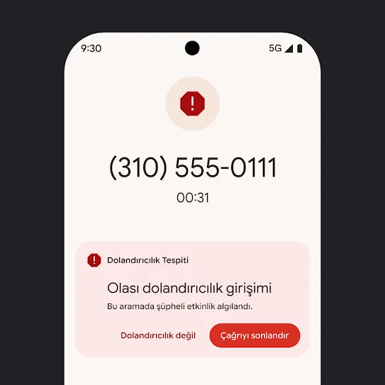 Pixel akıllı telefon ana ekranının görseli. Ekranda, otomatik olarak reddedilen spam arama bildirimi gösteriliyor.