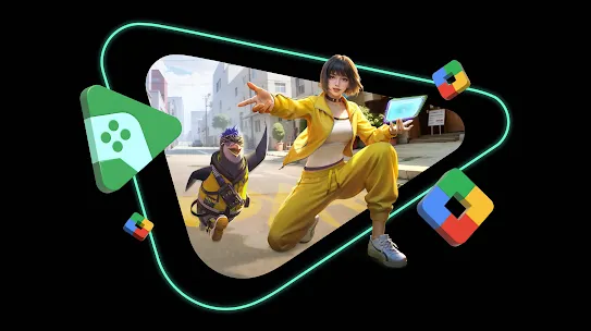 Characters from the Free Fire game pose inside the Google Play Games logo surrounded by Play Points.