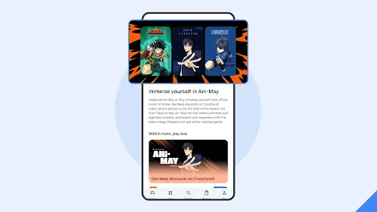 A phone screen shows a recent Spotlight, highlighting subscription offers, comics, manga, webtoons and other content celebrating Anime on the Play Store.