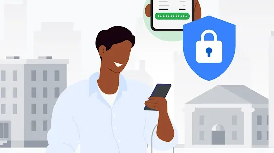 A person looks at their phone screen. A bubble above shows a secure password bubble and a shield.