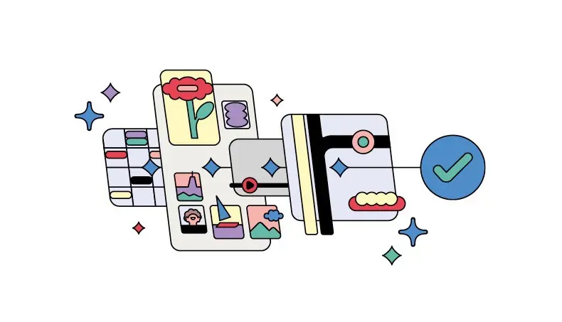A collage of digital interface elements including maps, photo galleries, and video players, culminating in a blue "check mark" icon.