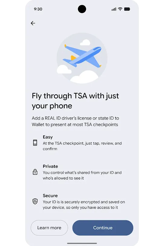 Google wallet with digital ID for TSA access and travel convenience.