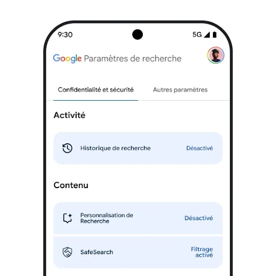Image des paramètres de Recherche Google sur l'écran d'un téléphone intelligent, y compris les paramètres de l'historique de recherche, de la personnalisation de la recherche et de SafeSearch.