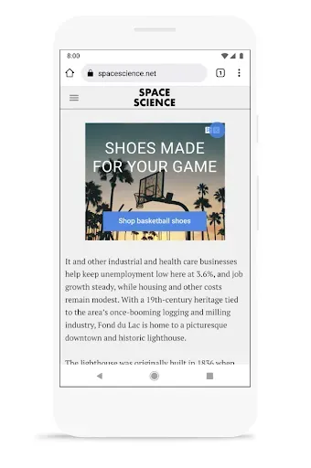 A mobile website for "Space Science" showing an article about industrial growth. In the middle of the text is a display ad for "Shoes Made For Your Game" featuring a basketball hoop at sunset with a "Shop basketball shoes" button.