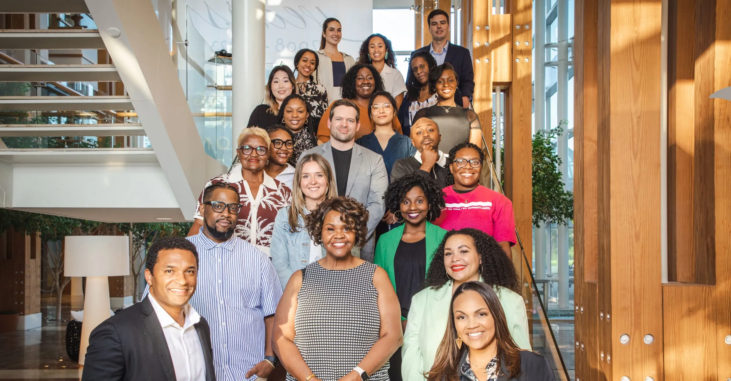 Some people standing on stairs