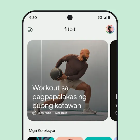 Visual ng screen ng smartphone na nakabukas ang fitbit app, na nagpapakita ng larawan para sa full-body strength na workout.