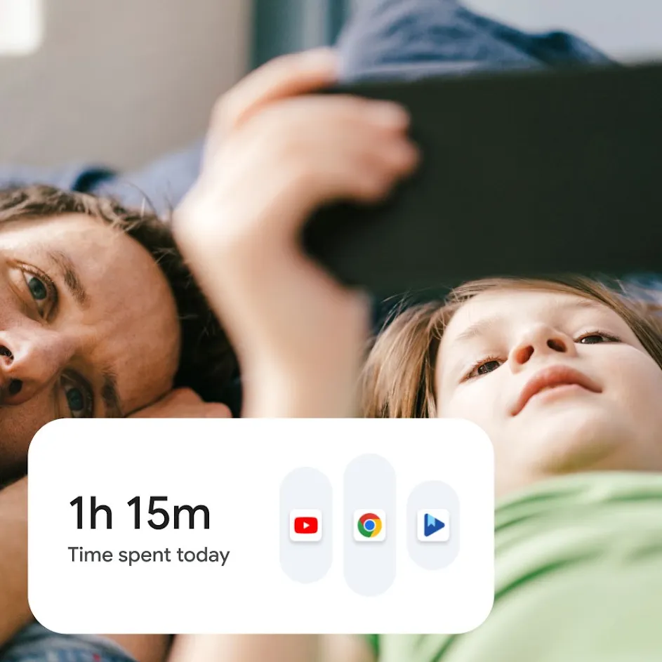 Photograph of a father and son laying down together at home, watching content on a smartphone with happy expressions on their faces. In the upper left, an icon for the child’s user profile is overlaid on the photograph. In the bottom left-hand corner, a user interface for screen-time settings is overlaid on the photograph. 