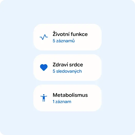 Životní funkce, 5 položek. Zdraví srdce, 5 sledovaných, Metabolismus, 1 záznam
