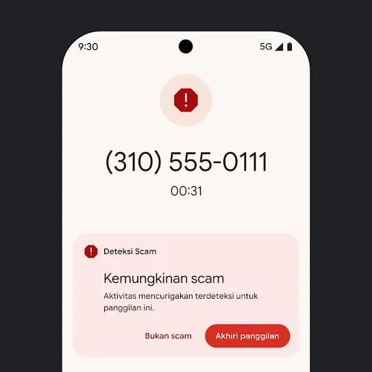 Visual layar utama smartphone Pixel yang menampilkan notifikasi panggilan telepon spam yang otomatis ditolak.