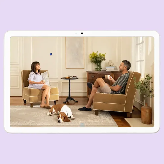 A tablet screen displaying a living room with a dog and people drinking coffee. The coffee table is circled and the screen transitions to a shopping results page.