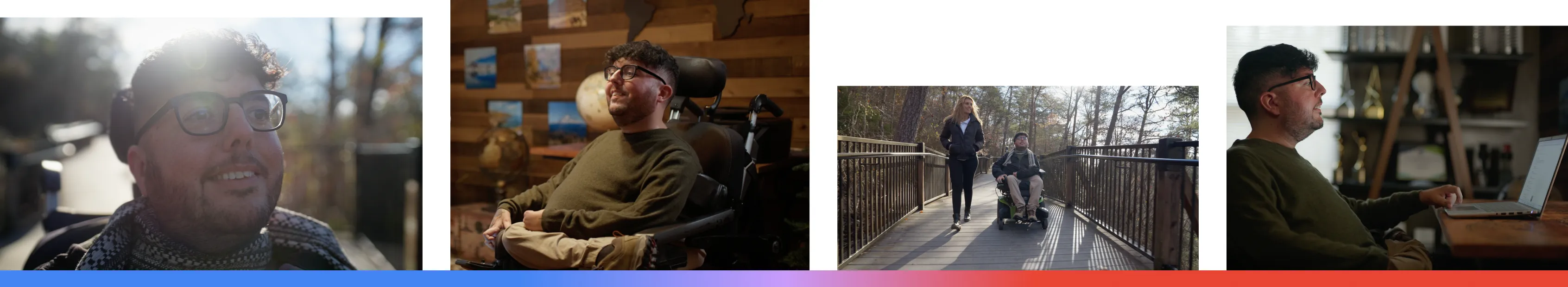A composite of four images featuring Cory Lee, an accessible travel blogger from Georgia, showing him smiling outdoors, posing in his home office decorated with travel memorabilia, exploring a nature trail in his power wheelchair, and working on his laptop.