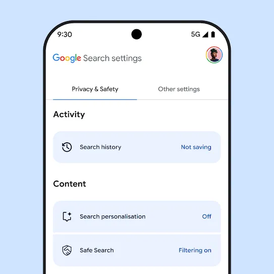 Visual of Google Search settings on smartphone screen, including settings for Search history, Search personalisation, and Safe Search.