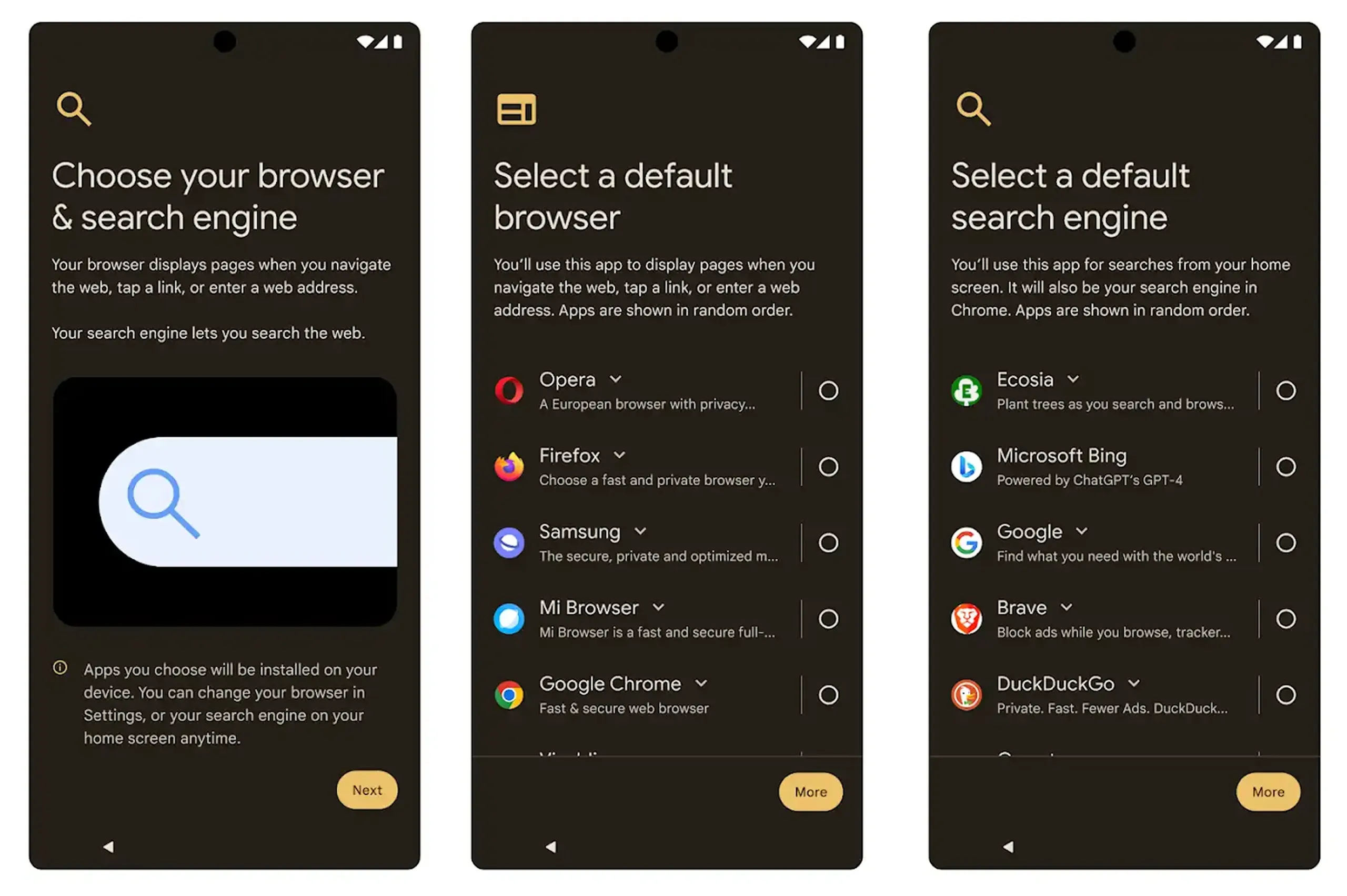 Phone screens that show each step to select a browser.
