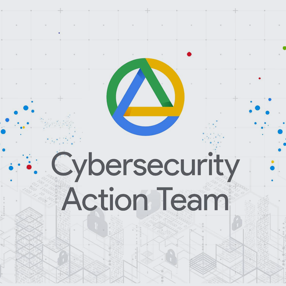 Image with white background, colored dots, and faded black locks along the bottom. There's text in the center that reads: Cybersecurity Action Team