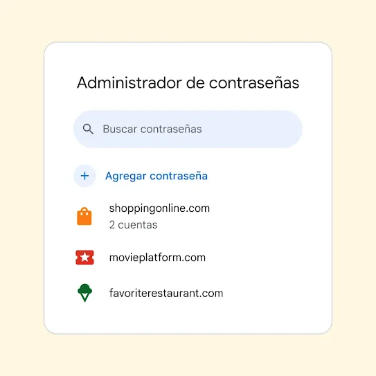 Interfaz del Administrador de contraseñas con un campo para “Buscar contraseñas” sobre un vínculo para “Agregar contraseña”.