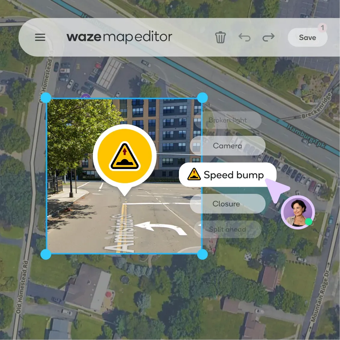 Waze Map Editor satellite interface adding a speed bump alert to a local street segment