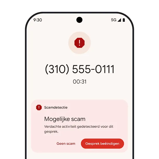 Visuele weergave van het startscherm van een Pixel-smartphone met een melding van een automatisch geweigerd spamgesprek.