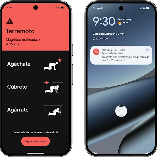 Comparativa de dos pantallas de smartphone que muestran el sistema de alertas de terremotos de Android. En la pantalla de la izquierda se ve una alerta de emergencia a pantalla completa con un encabezado rojo: "Terremoto: magnitud estimada de 6,1 a 25&nbsp;km de distancia", junto con iconos de instrucciones para agacharse, cubrirse y sujetarse. A la derecha, se ve una pantalla de bloqueo estándar con una notificación compacta de Google que indica: "Terremoto cerca: se esperan temblores".