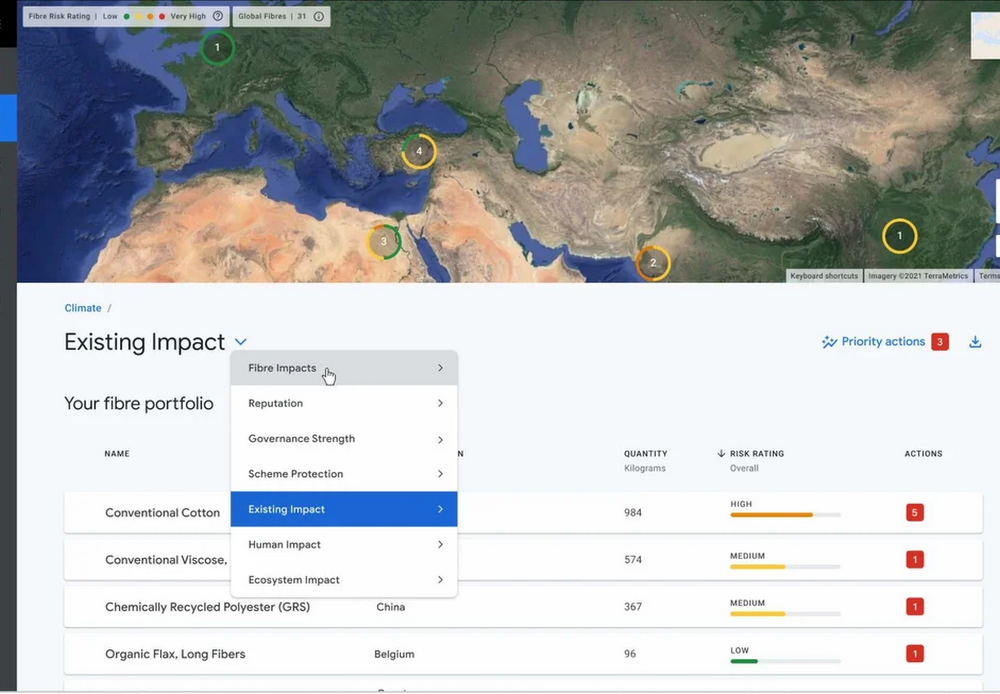 The GFIE dashboard where brands can upload their fiber portfolio data and get recommendations to reduce risk across key environmental categories.